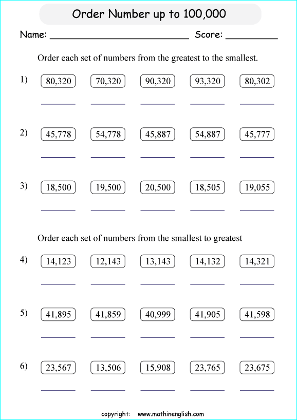 Comparing And Ordering Large Numbers Worksheet