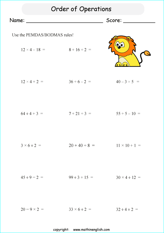 order of operations with positve integers no parentheses worksheets for grade 1 to 6 