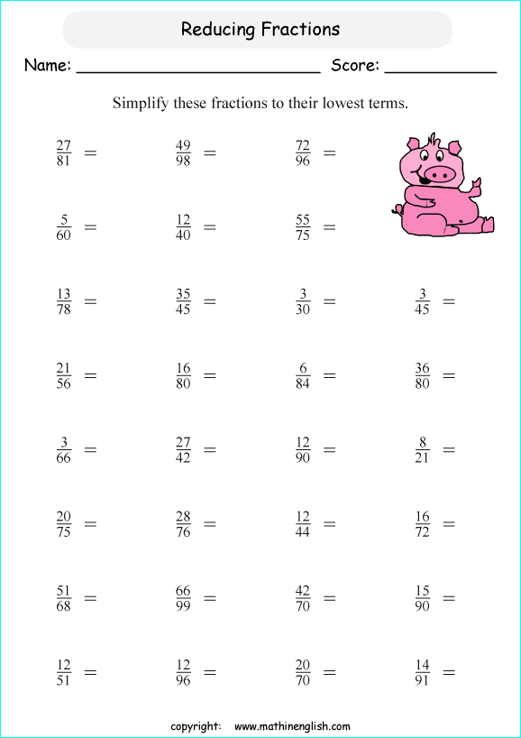 printable reducing and simplifying fractions worksheets for kids in primary and elementary math class 