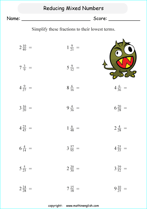 printable reducing and simplifying fractions worksheets for kids in primary and elementary math class 