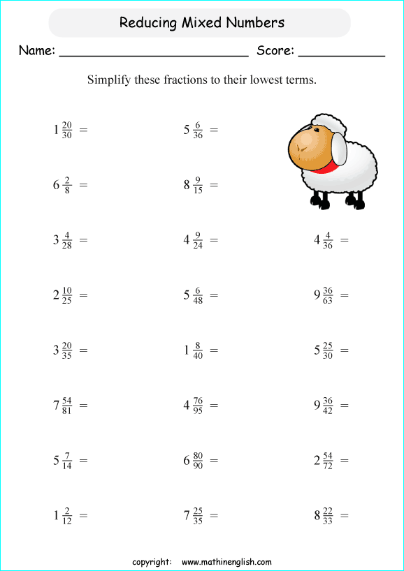 printable reducing and simplifying fractions worksheets for kids in primary and elementary math class 