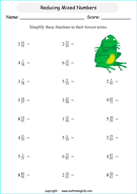 printable reducing and simplifying fractions worksheets for kids in primary and elementary math class 