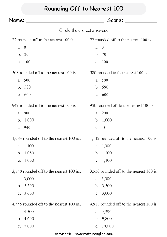 printable math rounding off the nearest 100 worksheets for kids in primary and elementary math class 