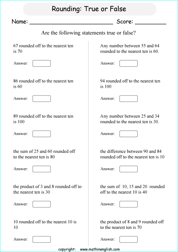 printable math rounding off the nearest 10 worksheets for kids in primary and elementary math class 