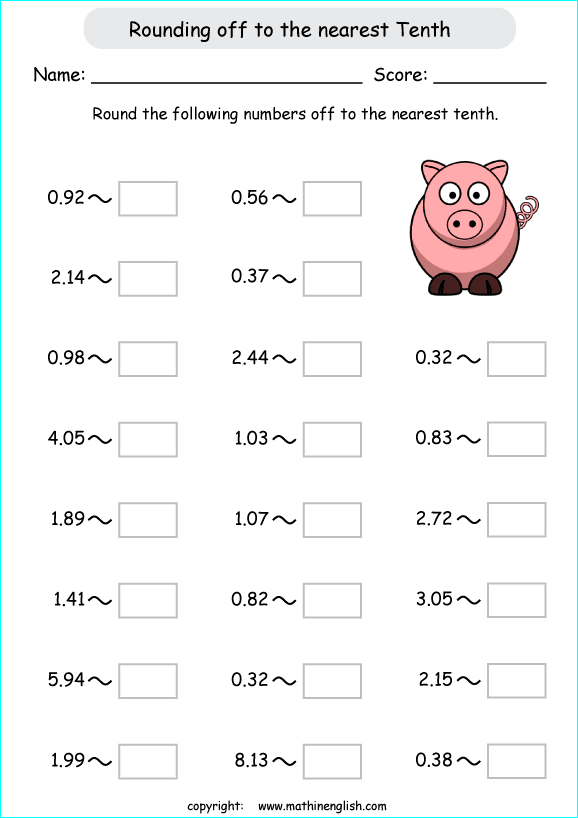 printable rounding off decimals worksheets for kids in primary and elementary math class 