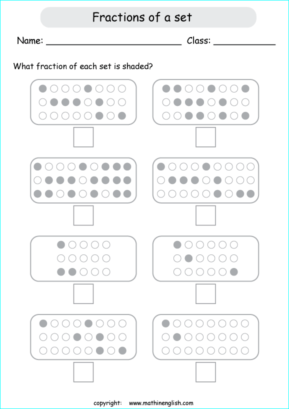 printable fractions of a set worksheets for kids in primary and elementary math class 