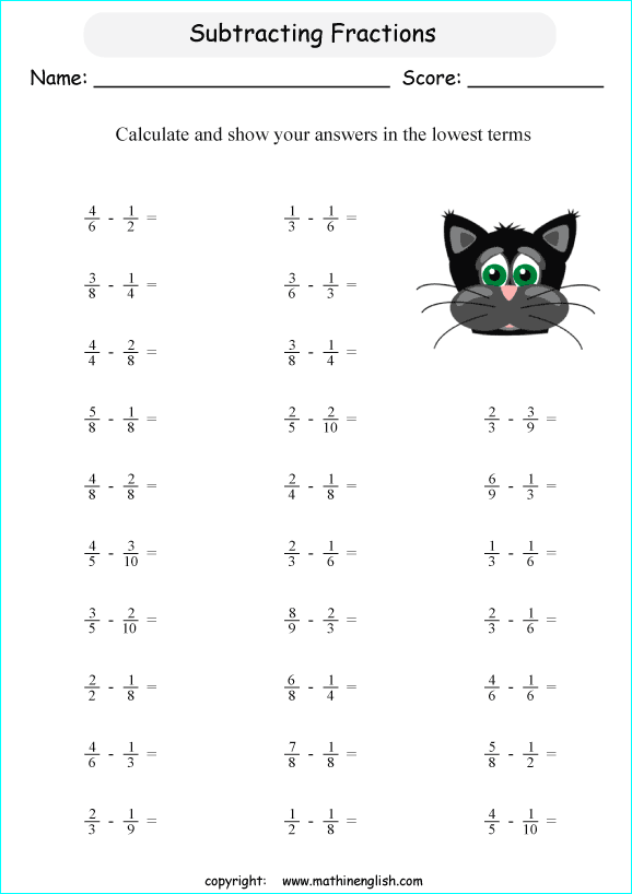 printable math unlike fraction subtraction worksheets for kids in primary and elementary math class 