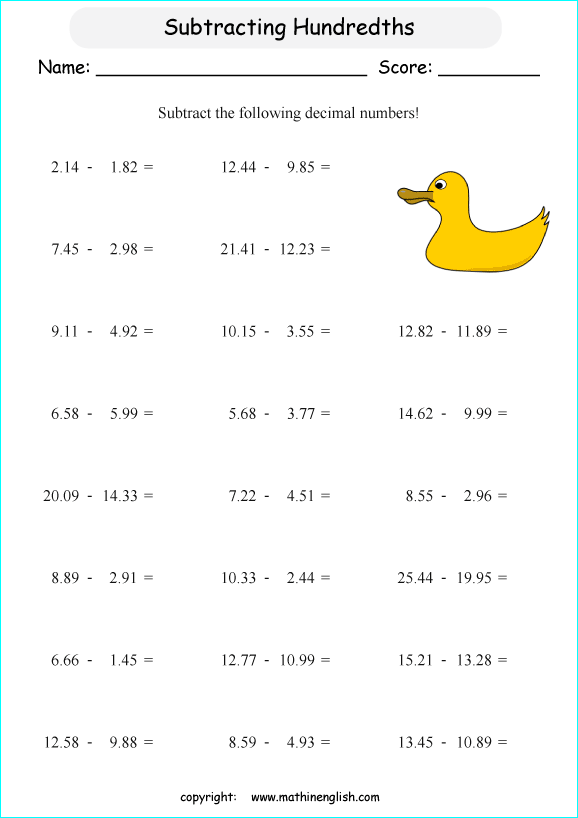 printable subtracting decimals worksheets for kids in primary and elementary math class 