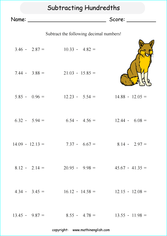 printable math decimal subtraction worksheets for kids in primary and elementary math class 