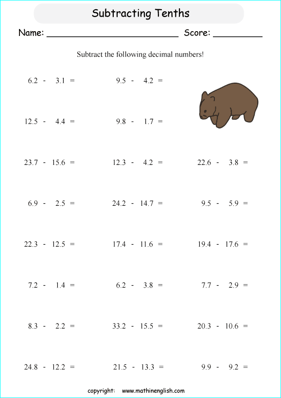 printable math decimal subtraction worksheets for kids in primary and elementary math class 