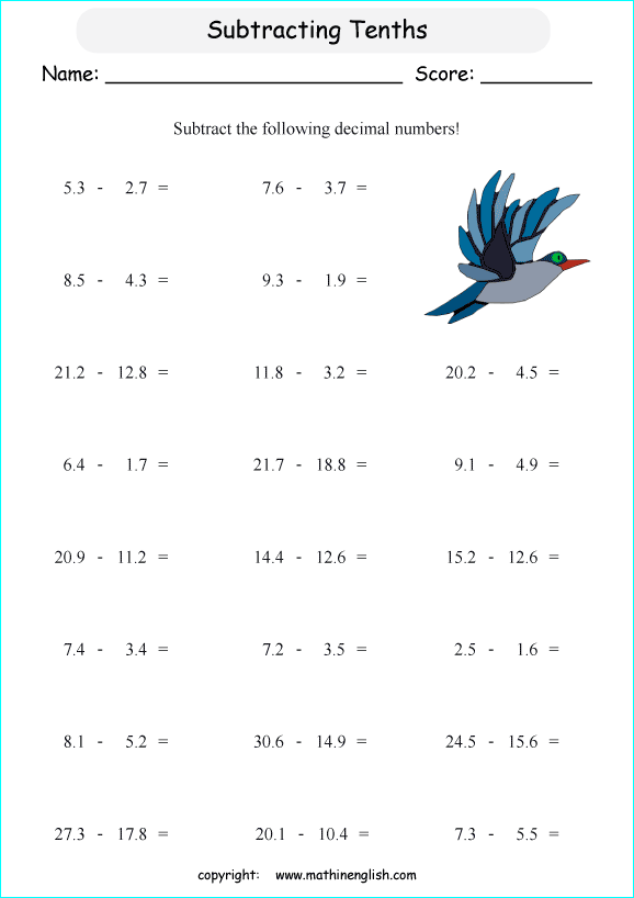 printable math decimal subtraction worksheets for kids in primary and elementary math class 