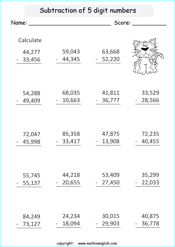 printable math 4 and 5 digit subtraction worksheets for kids in primary and elementary math class 