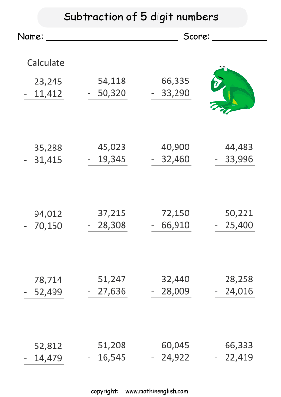 printable math 4 and 5 digit subtraction worksheets for kids in primary and elementary math class 