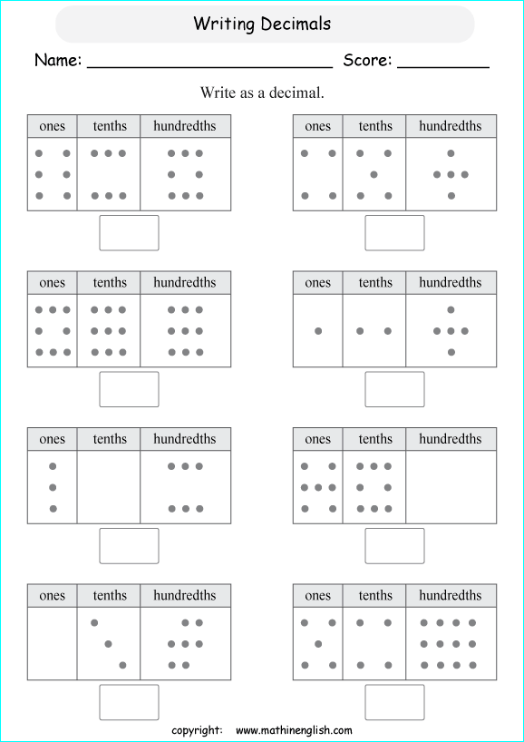 decimal spelling worksheets for grade 1 to 6 