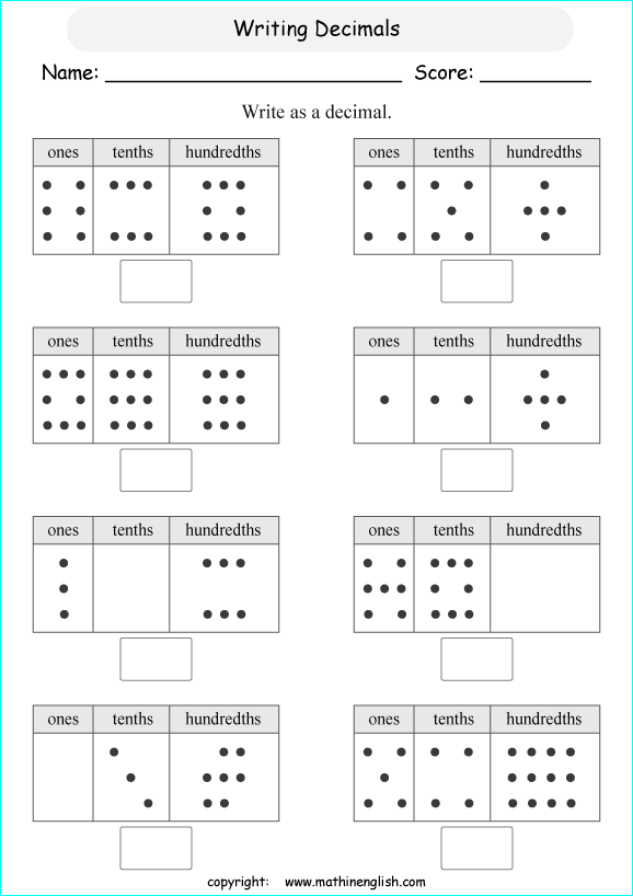 printable place value of decimals worksheets for kids in primary and elementary math class 