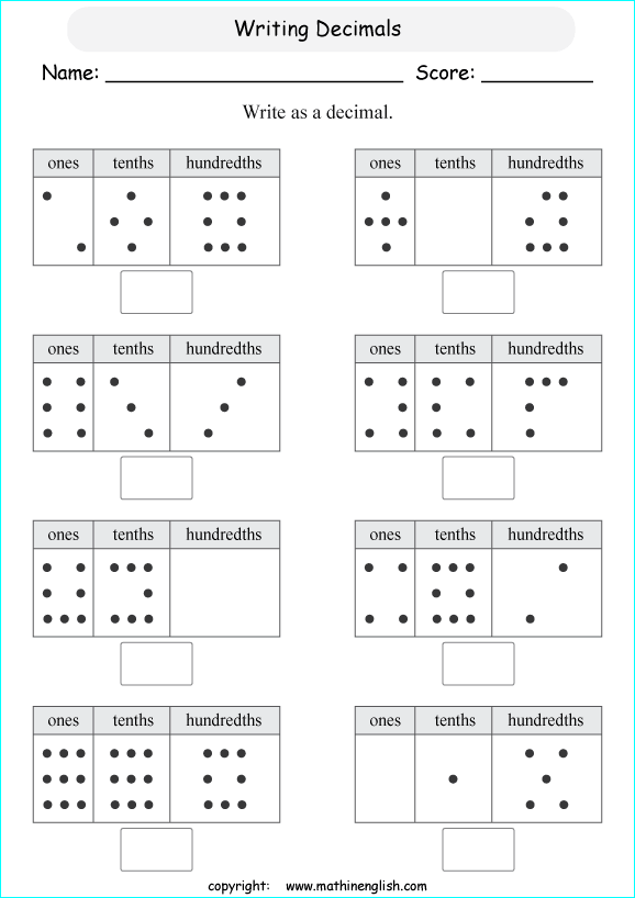 printable place value of decimals worksheets for kids in primary and elementary math class 