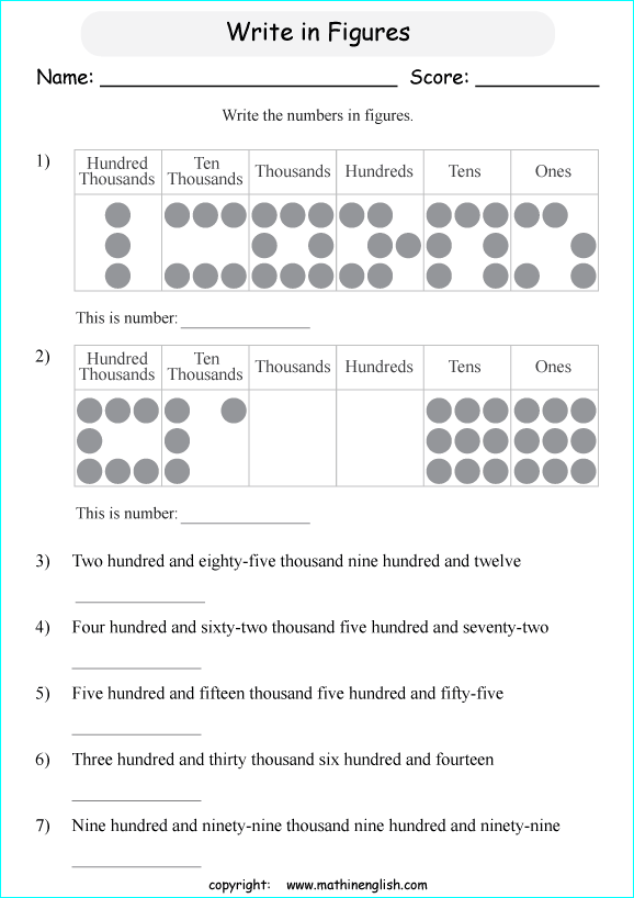 printable math writing and spelling large numbers worksheets