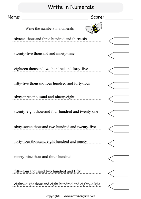 printable math writing and spelling large numbers worksheets.