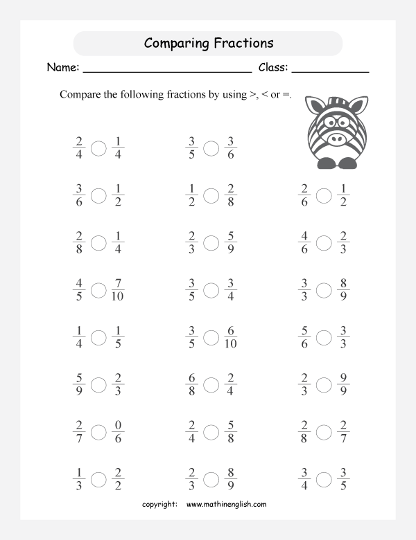 printable comparing and ordering fractions worksheets for kids in primary and elementary math class 