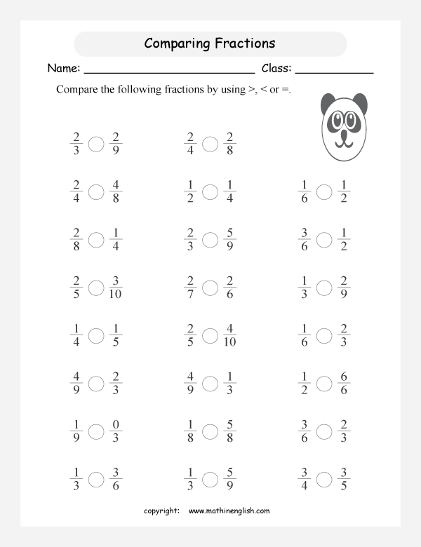 printable comparing and ordering fractions worksheets for kids in primary and elementary math class 