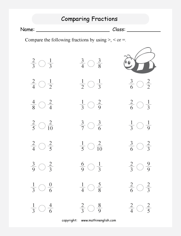 printable comparing and ordering fractions worksheets for kids in primary and elementary math class 