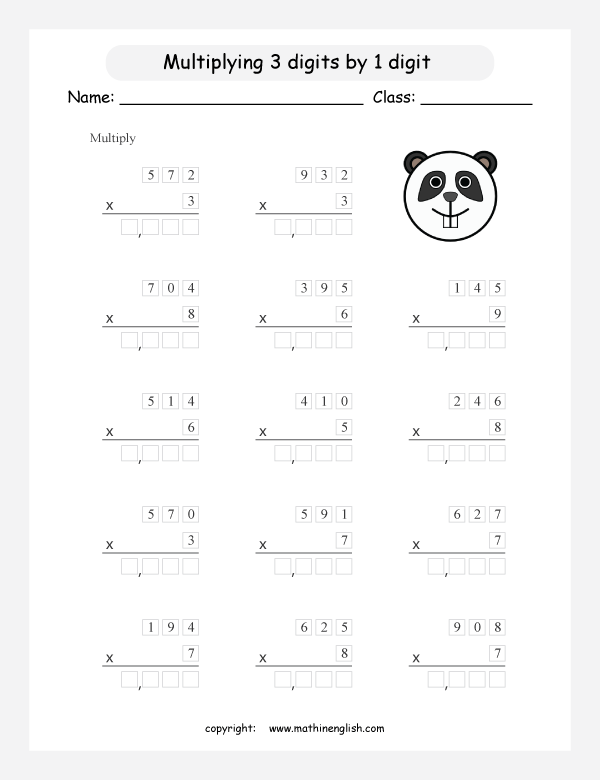 printable math multiplication of 3 digits worksheets for kids in primary and elementary math class 