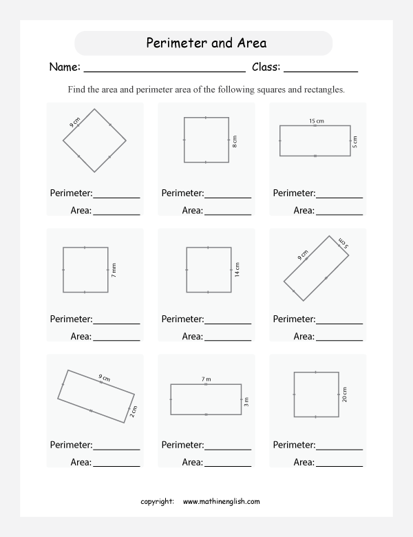 area and perimeter in squares and rectangles worksheets for primary math  