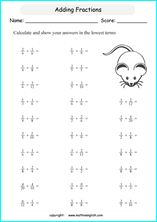 printable adding unlike fractions worksheets for kids in primary and elementary math class 