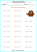 printable math addition of decimals  worksheets