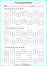 listing multilpes and factors worksheets for grade 1 to 6 