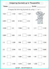 printable math comparing and ordering decimals worksheets for kids in primary and elementary math class 