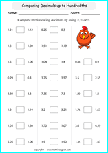 printable math comparing and ordering decimals worksheets for kids in primary and elementary math class 