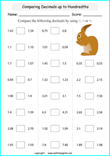 printable comparing and ordering decimals worksheets for kids in primary and elementary math class 