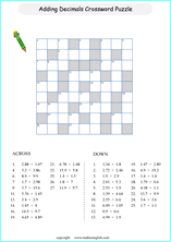 decimal crossword puzzle worksheets for grade 1 to 6 