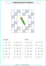 decimal crossword puzzle worksheets for grade 1 to 6 