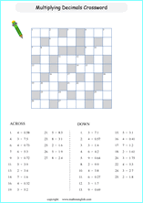 decimal crossword puzzle worksheets for grade 1 to 6 