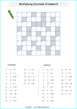 decimal crossword puzzle worksheets for grade 1 to 6 