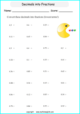 decimal into fractions worksheets for grade 1 to 6 