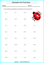 decimal into fractions worksheets for grade 1 to 6 