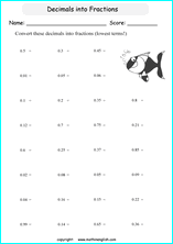 decimal into fractions worksheets for grade 1 to 6 