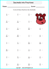 decimal into fractions worksheets for grade 1 to 6 