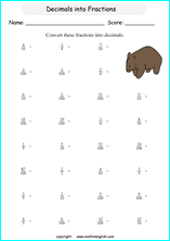 decimal into fractions worksheets for grade 1 to 6 