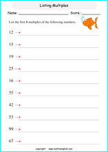 listing multilpes and factors worksheets for grade 1 to 6 