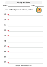 listing multilpes and factors worksheets for grade 1 to 6 