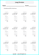 printable long and tail division worksheets and exercises for grade 4 and 5 math students