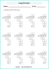 printable math division of 3 digits worksheets for kids in primary and elementary math class 