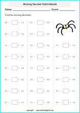 printable subtracting decimals worksheets for kids in primary and elementary math class 