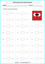 printable subtracting decimals worksheets for kids in primary and elementary math class 