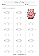 multiplying decimals grade 1 to 6 printable  worksheets 