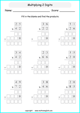 printable math multiplication 2 digits by 2 digit worksheets for kids in primary and elementary math class 